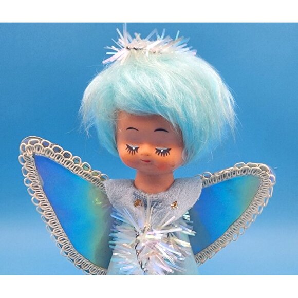 Vintage 1960s Blue Hair Angel Tree Topper Iridescent Gown Tinsel Halo Retro Xmas - Picture 4 of 12